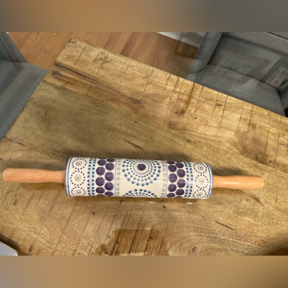 Anthropologie Psychedelic Pattern Ceramic Rolling Pin W/ Wood Handles